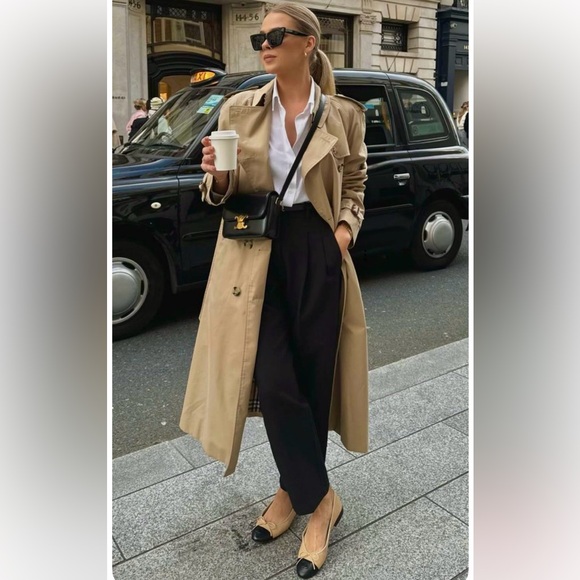 Tan beige button front belted midi trench coat - Picture 6 of 8